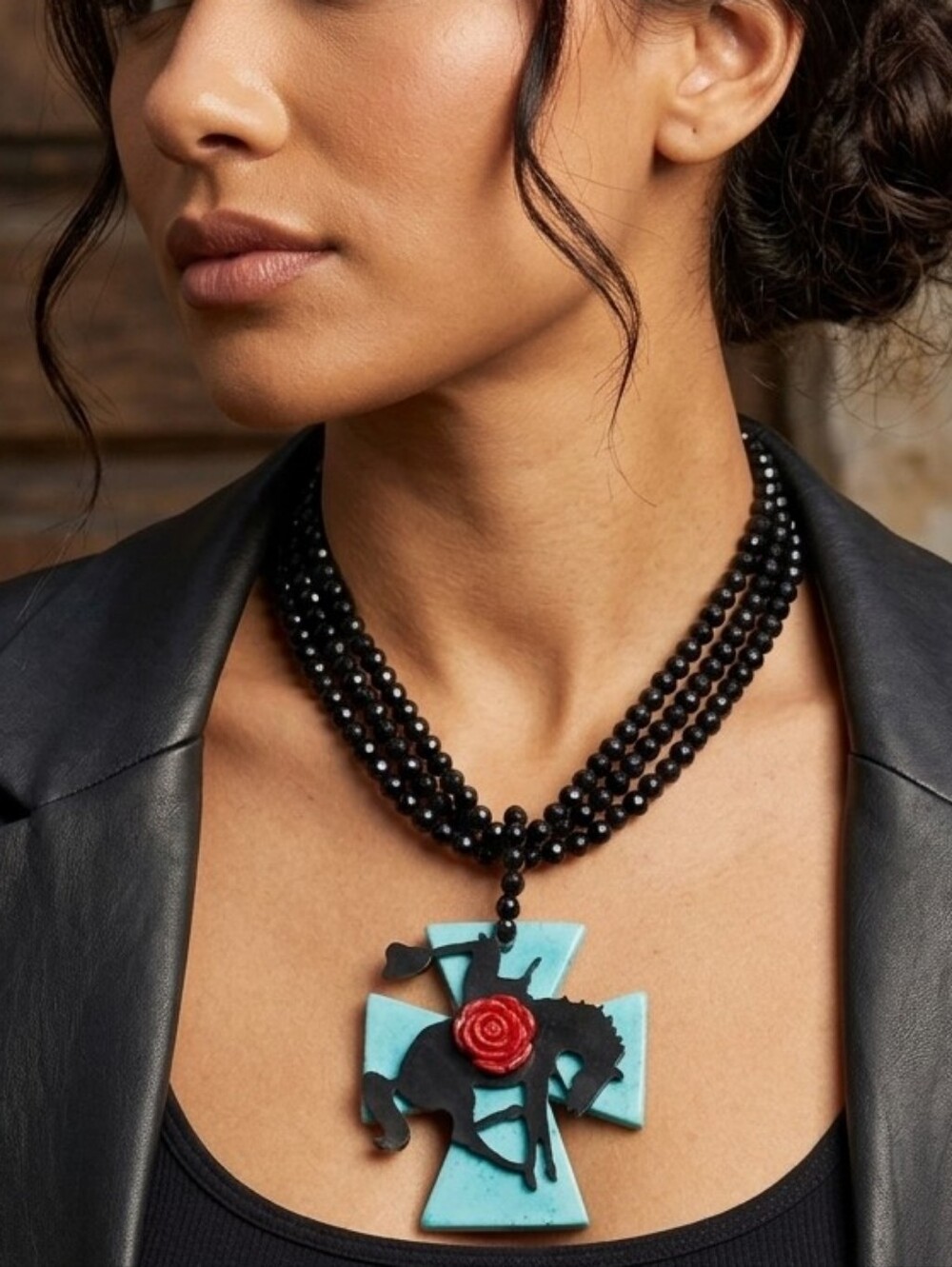 💚2/$45 Western Gothic Huge Statement Necklace Turquoise Cross Cowboy Motif Rose